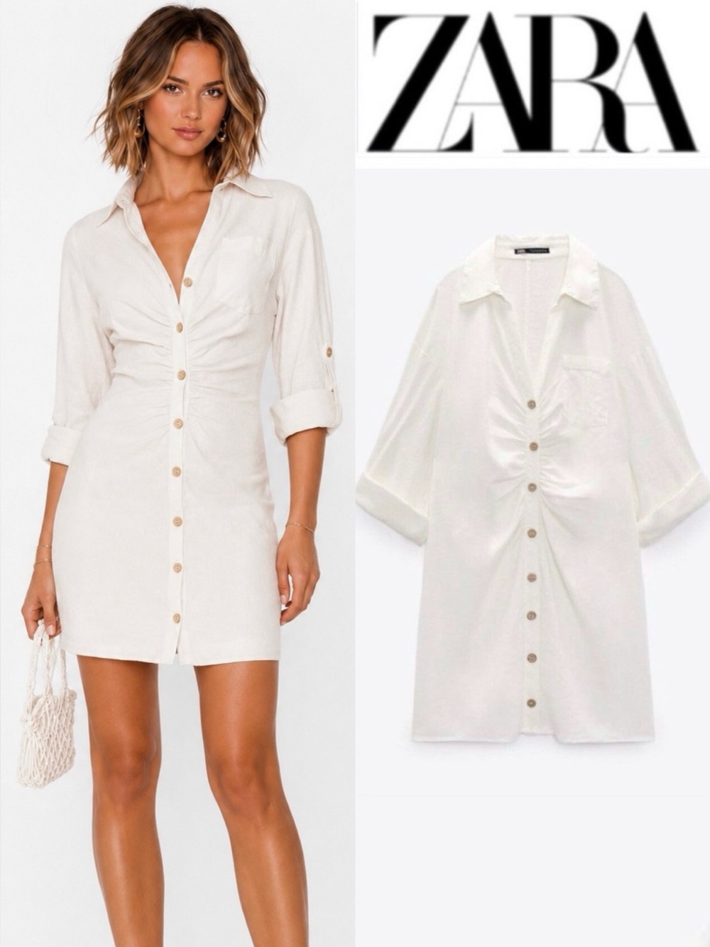 ZARA SHIRT DRESS WITH RUCHING OYSTER WHITE